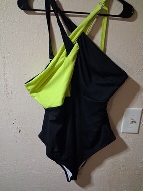 Black and Neon Yellow One-Piece Swimsuit - Asymmetric Straps